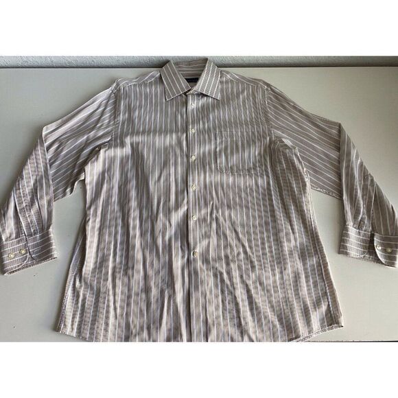 Joseph Abboud Collared Long Sleeve Shirt Men’s 16 1/2 32/33 Beige Striped Retro - Picture 1 of 10